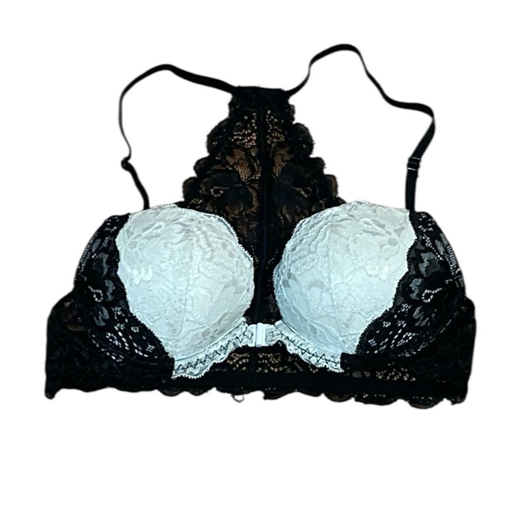 PINK Date Racerback Black and White Lace Bra, 32B
